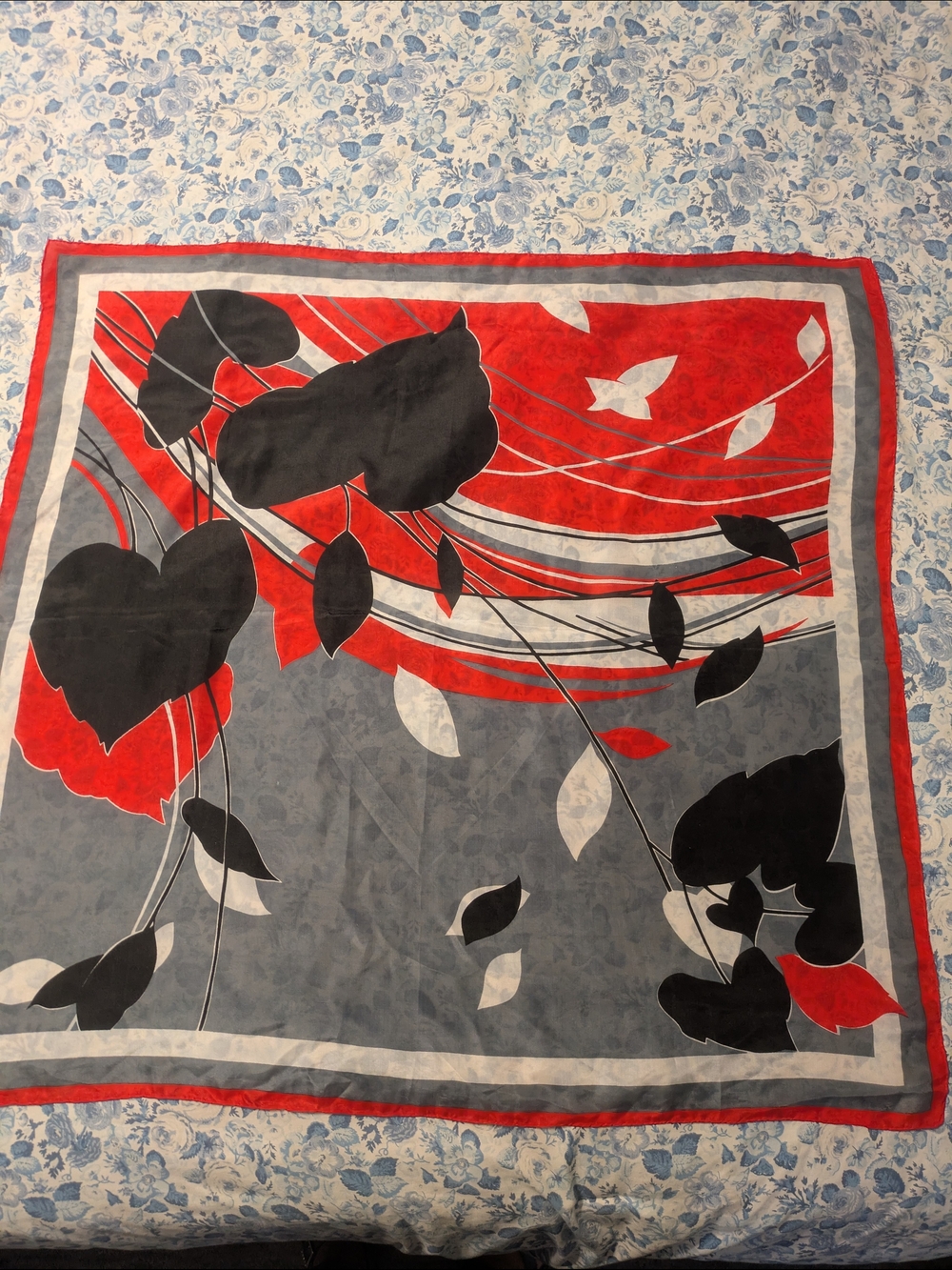 Vintage Red and Black Patterned Silk Scarf with Medallion Tag